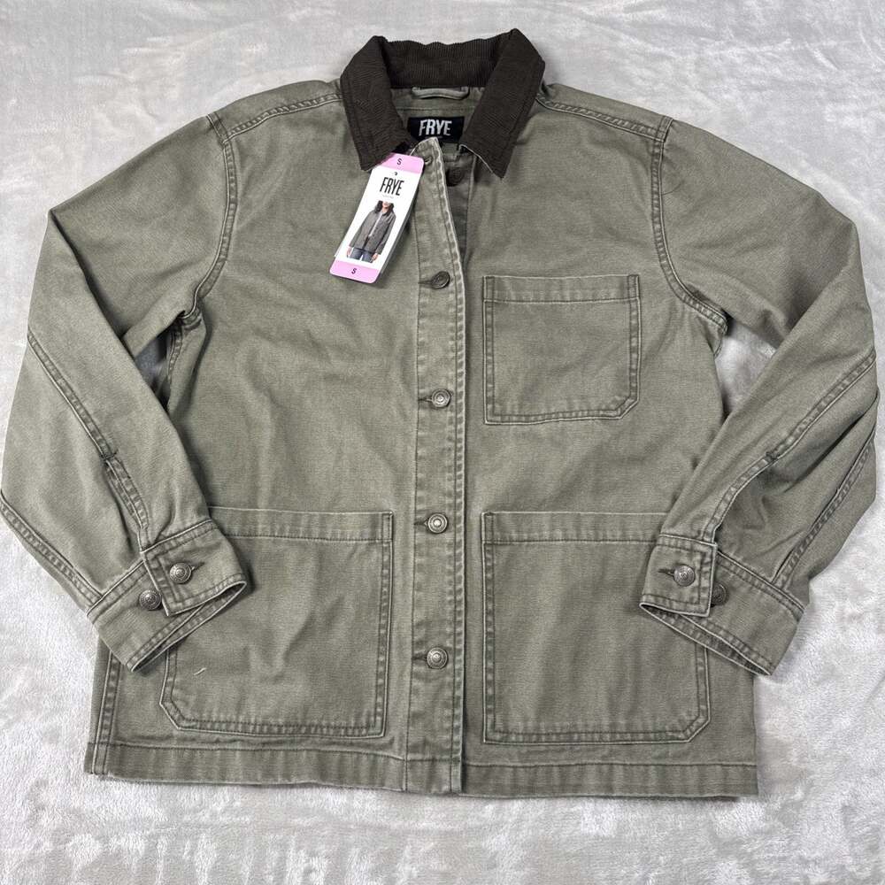 FRYE NEW Women Barn Jacket Sz S Olive Cotton Canvas Button Front Corduroy Collar